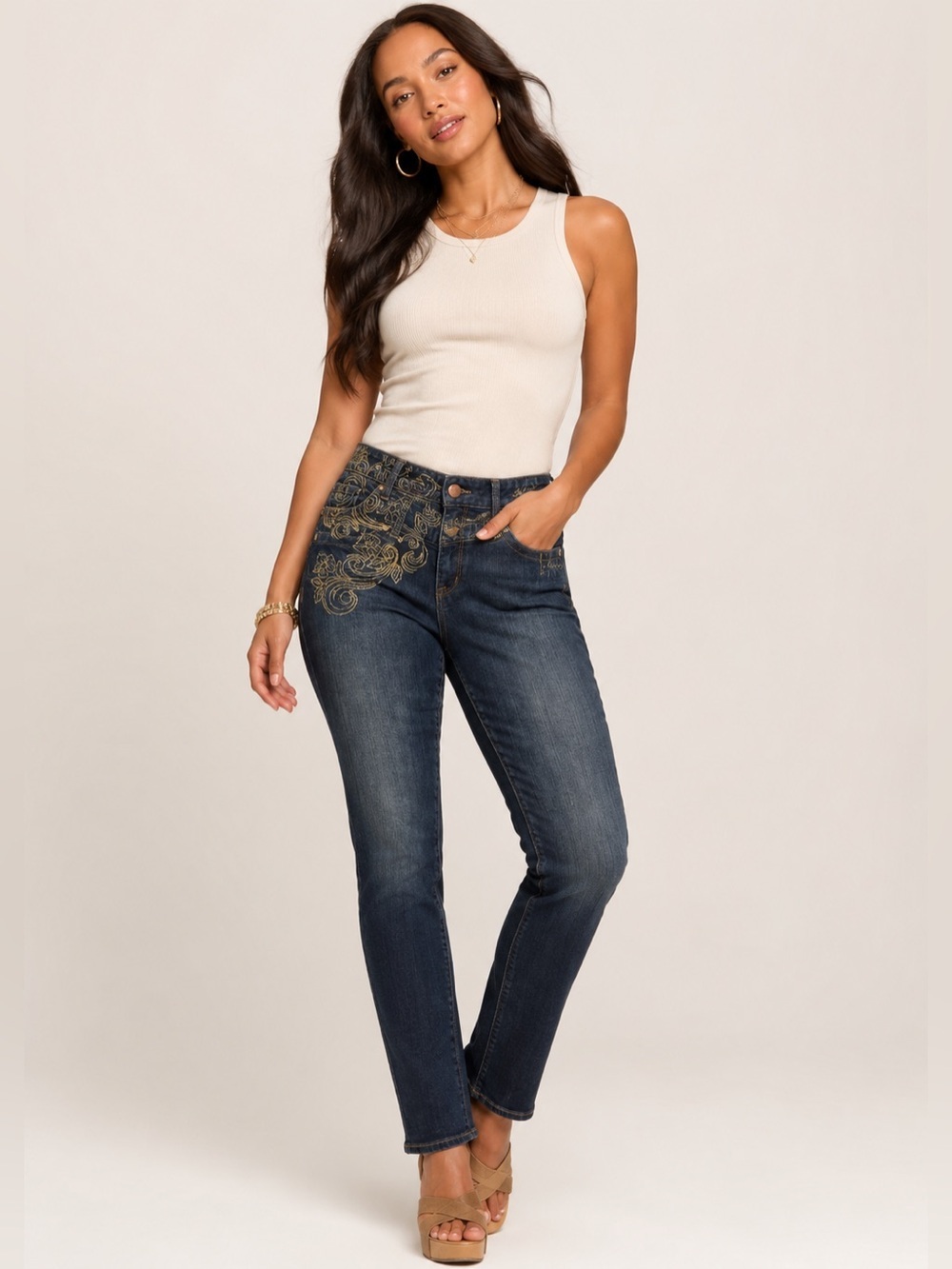 Express Y2K X2 Quality Denim Jeans Sz 8 Zelda Skinny Low Rise w/ Gold Embroidery